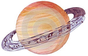 Saturn and rings. Watercolor planet of solar system for print design. Art element. Isolated on white background.