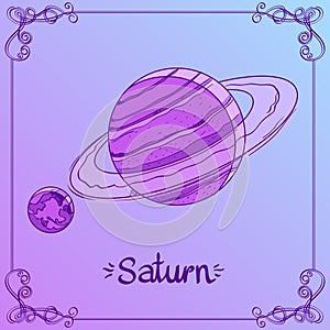 Saturn. Stylized illustration of Saturn in hand drawing style. The symbols of astrology and astronomy