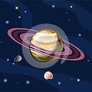 Saturn, vector cartoon illustration. Planet Saturn with rings, planet of Solar system in dark deep blue space, isolated