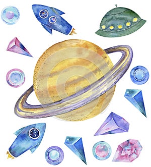 Saturn watercolor fantasy on milky way solar system flying blue Rockets UFO doodle character drawing illustration geometric clip a