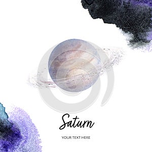 Saturn on white background with watercolor spine. Hand drawn watercolor illustration.