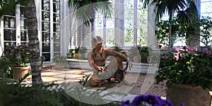 Satyr with cat in the greenhouse, 3D illustration