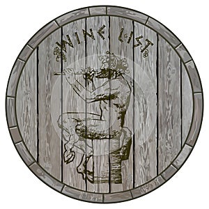 Satyr playing flute against wooden barrel. Hand drawn vector illustration in old engraving style. Wine list design.