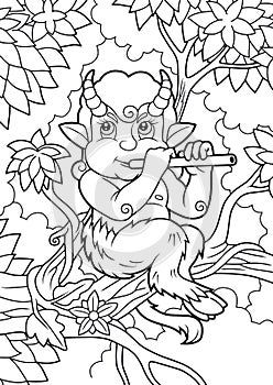 Satyr playing a flute while sitting on a branch