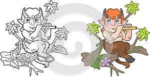 Satyr playing a flute while sitting on a branch