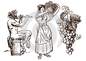 Satyr sitting on the barrel, beautiful peasant woman carrying basket and bunch of grapes. Design elements for wine list