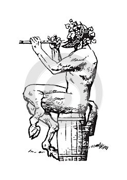 Satyr sitting on the barrel and playing the flute