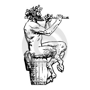 Satyr sitting on wooden barrel and playing flute. Design elements for wine list, menu card, tattoo, Greece or Italy