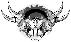 Satyr spitting water from his mouth with demons, artistic, gray tones, isolated. photo