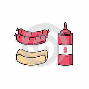 Saucage bun and ketchup how to make hotdog cartoon style illustration