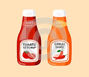 Tomato ketchup and chilli sauce isolated on cream background. Tomato ketchup and chilli sauc suitable for eating with a variety of