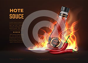 Sauce ad. Realistic 3D glass bottle with hot spicy chilli sauce, advertising background with fire and pepper. Vector