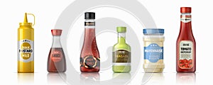 Sauce bottles. Ketchup mayonnaise and mustard realistic containers, hot chilli and soy sauces. Vector plastic and glass