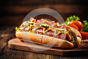 sauce dog meat background bread sausage fast hot american snack food. Generative AI.