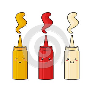 Sauce kawaii, vector funny character bottle. Mustard, ketchup, mayonnaise. Food illustration