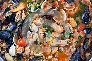 Sauce with molluscs and sea crustaceans for spaghetti or pasta