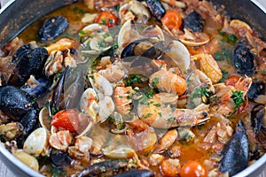 Sauce with molluscs and sea crustaceans for spaghetti or pasta