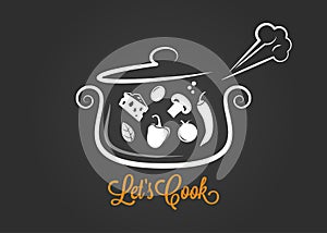 Saucepan with food ingredients cooking logo on dark background