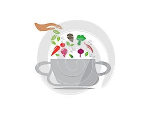 Saucepan with food ingredients cooking for logo design, cooking vegetables in the pot icon illustrator