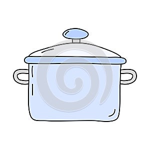 Saucepan with glass lid, cooking or baking kitchen design element, vector