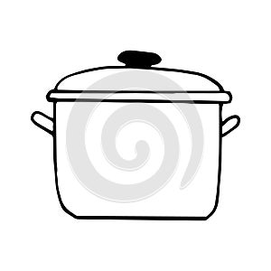 Saucepan icon, sticker. sketch hand drawn doodle style. , minimalism, monochrome. dishes, cooking, food