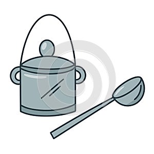 Saucepan with ladle doodle style vector illustration