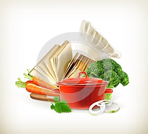 Saucepan with vegetables and cookbook