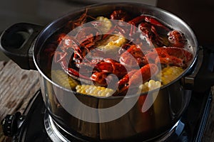 A saucepan in which crayfish, corn and potatoes are boiled Cooking process