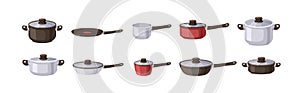 Saucepans, frying pans, soup pots, saute, stewpot and skillet set. Metal, aluminum, steel kitchenware with glass lids photo