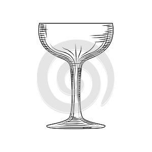 Saucer glass. Hand drawn champagne glass sketch. Empty sparkling wine glass