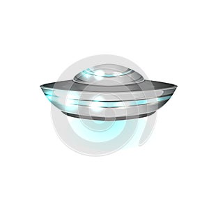 Saucer shaped flying craft. Futuristic extraterrestrial space ship. Detailed metallic or silver UFO with blue lights