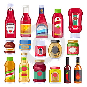 Sauces and dressings bottles set.