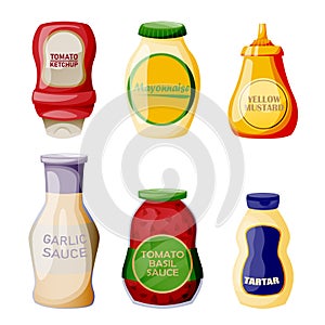 Sauces icons in glass jars and bottles. Cooking ingredients and condiment collection. Vector food cartoon illustration