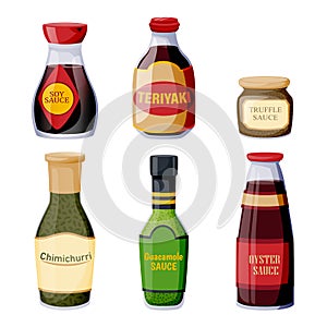 Sauces of Latin American, Asian cuisines. Marinade glass bottles. Vector food illustrations. Cooking ingredients icons