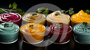 Sauces for meat and salads. An assortment of dressings of different flavors