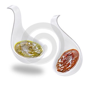 Sauces on a white background. white sauces and marinades. red and green sauces