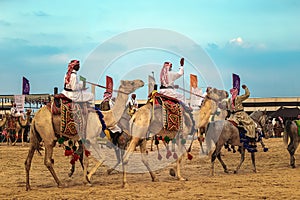 Saudi Arab Camel riders with their camel on traditional desert safari festival in abqaiq Saudi Arabia. 10-Jan-2020