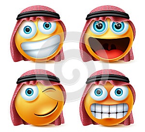 Saudi arab emojis vector set. Saudi arab emoticon or emoji face in excited, angry and naughty expression.