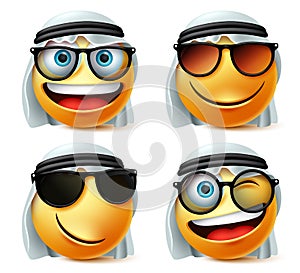 Saudi arab emoticon and emoji vector set. Saudi arabian emoticons face in crying, smiling and happy emotion wearing thawb.