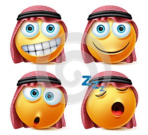 Saudi arab emoticons vector set. Saudi arab face emojis with sleeping, surprise and happy expressions.