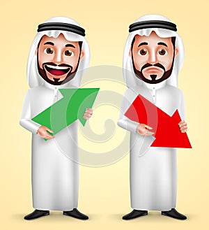 Saudi arab man vector character holding up and down arrow for business