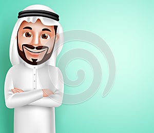 Saudi arab man vector character wearing thobe happy posing with blank space photo