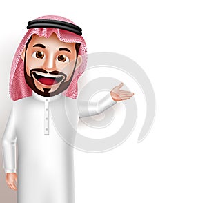 Saudi arab man vector character wearing thobe happy showing empty photo