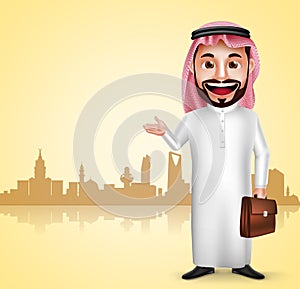 Saudi arab man vector character wearing thobe showing city landmark photo