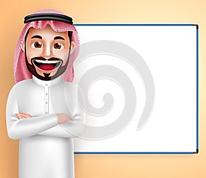 Saudi arab man vector character wearing thobe speaking with blank white board photo
