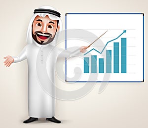 Saudi arab man vector character wearing thobe teaching chart graph photo