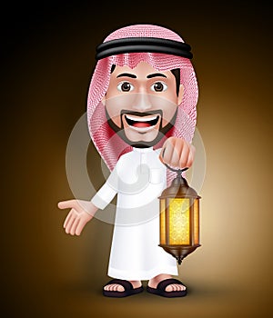 Saudi Arab Man Wearing Thobe Holding Lantern for Ramadan photo