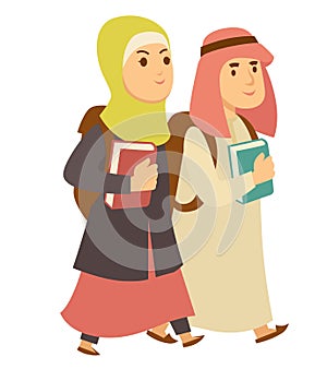 Saudi Arab Muslim boy and girl kids going to school vector cartoon characters