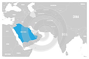 Saudi Arabia blue marked in political map of South Asia and Middle East. Simple flat vector map