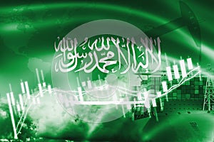 Saudi Arabia flag, stock market, exchange economy and Trade, oil production, container ship in export and import business and